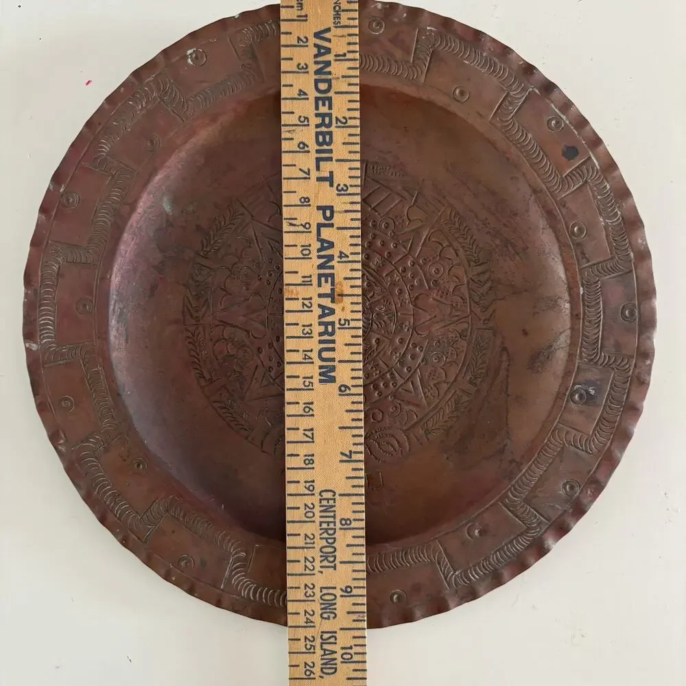 Antique Vintage Solid Copper Decorative Plate Mayan Aztec with Patina Home Decor